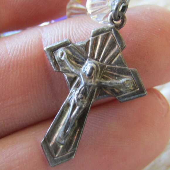 Vintage sterling silver and aurora borealis glass crystal rosary - Picture 6 of 9